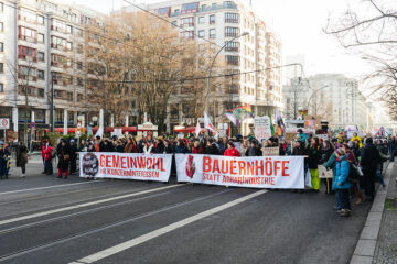 Demozug mit Frontbanner "Gemeinwohl vor Konzerninteressen" und "Bauernhöfe statt Agrarindustrie"